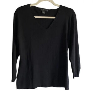 HAROLD’S 100% Silk Black Ribbed Knit V-Neck 3/4 Sleeve  Sweater Top Size L